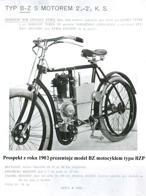 Prospekt z roku 1903 prezentuje model BZ motocyklem typu BZP Laurin Klement model BZP 1903